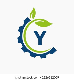 Letter Y Gear Leaf Logo Design Vector Template. Leaf And Gear Symbol