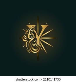 Letter Y. Glowing Golden Monogram. Bright Star with Rays. Elegant Calligraphic Logo. Creative Art Design. Luxury Template for Brand Name, Business Card, Boutique. Vector Illustration