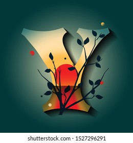 Letter Y in golden autumn style. Tree with red leaves. Mystic space idea. Flat vector