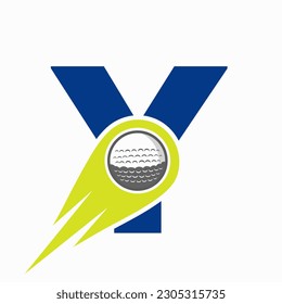 Concepto De Logotipo De Letra Y Golf Con Icono De Pelota De Golf En Movimiento. Plantilla de vectores de logotipo de deportes de hockey