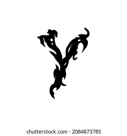 Letra Y en estilo gótico de graffiti. Letra negra con rizos. Logotipo o elemento de diseño. Ilustración vectorial aislada en fondo blanco. EPS vectorial 10.