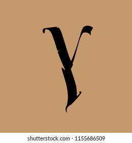 Letter Y, in the Gothic style. Vector. Alphabet. The symbol is isolated on a golden background. Calligraphy and lettering. Medieval Latin letter. Logo for the company. Elegant font for tattoo.