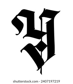 The letter Y in the Gothic style. Vector. Old alphabet. The symbol is isolated on a white background. Calligraphic, medieval Latin letter. Logo for the company. Monogram. An elegant font for a tattoo.