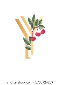 Letra Y con estilo de gradiente color beige cubierto con hojas verdes y bayas rojas fuente ecológica ilustración vectorial plana aislada en fondo blanco