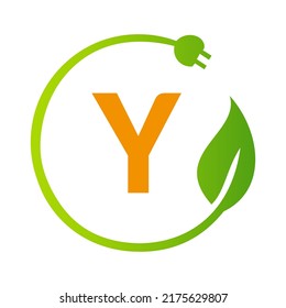 Letter Y Green Energy Electrical Plug Logo Template. Electrical Plug Sign Concept with Eco Green Leaf Vector Sign