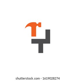 Letter Y with with hammer renovation, building services, repair, construction logo design template. Orange and Grey color icon. Isolated on white background. Vector illustration in eps 10.