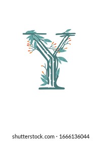 Letter Y hand drawn tree branches with leaves and berries botanical flowers floral hand drawn scandinavian style art design element flat vector illustration