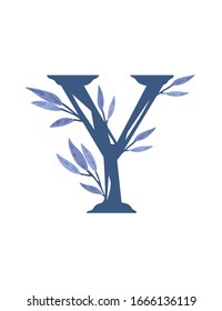 Letter Y hand drawn tree branches with leaves botanical flowers floral hand drawn scandinavian style art design element flat vector illustration