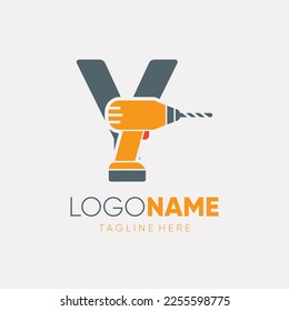 Letter Y Hand Drill Machine Logo Design Vector Icon Graphic Emblem Illustration