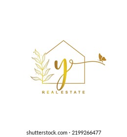 letter Y handwritten Real estate logo concept. Feminine style Handwritten alphabet with floral in the logo template. Letters and Alphabet for your logo design.