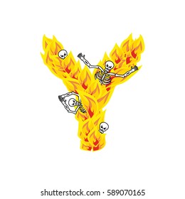 Letter Y hellish flames and sinners font. Fiery lettering. Infernal fire alphabet sign.  devilish flame of Death Satanic and skeleton