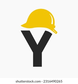 Letter Y Helmet Construction Logo Concept With Safety Helmet Icon. Engineering Architect Logotype