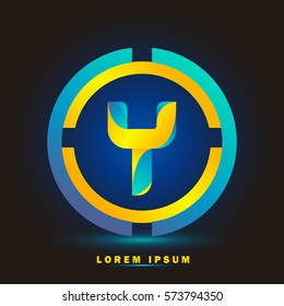 Letter Y icon and logo for business name. elegant typographic. twisted, with blue and yellow rings