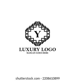 Letter Y initial based vector logo. Serif letter logo within complex line art frame. Logo for luxury product, jewelry, fashion, beauty, and company.