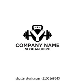 letter Y initial in kettlebell for fitness with shield logo icon vector template