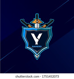 Letter Y - Initial logo E-Sport with decoration of sword, shield, and weapon. Perfect for gamer brand, squad, etc.