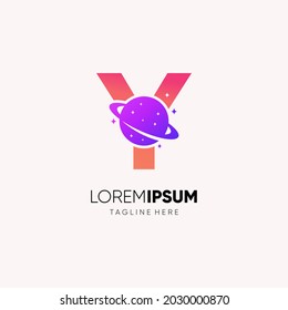 Ilustración gráfica de icono del vector de diseño del logotipo del planeta de la letra Y