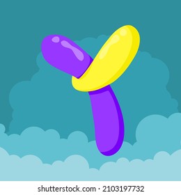 letter Y initials Purple and yellow balloons are interlaced to form letters floating isolated on sky and clouds background, vector logo letter typography illustration.