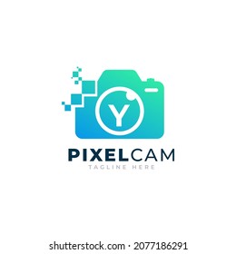 Letter Y Inside Camera Photo Pixel Technology Logo Design Template