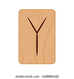 The letter "Y" of the Latin alphabet burned on a wooden plank in the style of Scandinavian runes. Vector stock illustration isolated on transparent background.