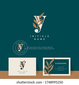 letter Y with leaf Beauty vector logo design of initial wedding, fashion, boutique, floral and botanical logotype with business card template