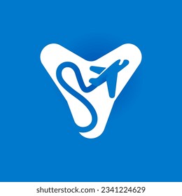 Letter Y logo with airplane trail. Negative space style icon. Plane navigator pointer. Vector typeface for airline identity, travel app, journey posters, jet company, and shipping advertising.