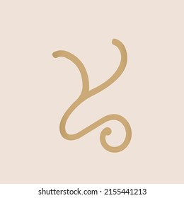 Letter y logo. Alphabet initial. Lettering sign isolated on light background. Calligraphy, decorative style icon for beauty brand identity. Lowercase typography monogram. Gold color.