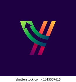 Letter Y logo with arrow inside. Vector bright colours typeface for delivery labels, business headlines, finance posters, sport cards etc.