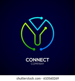 Letter Y logo, Circle shape symbol, green and blue color, Technology and digital abstract dot connection