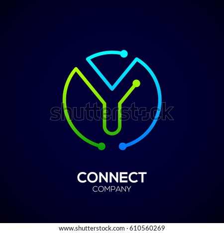 Letter Y logo, Circle shape symbol, green and blue color, Technology and digital abstract dot connection