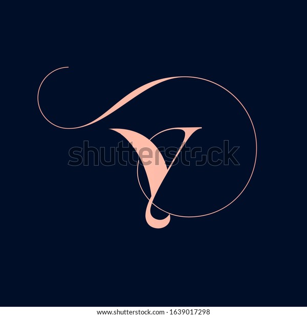 Letter Y logo with decorative swirl \
element.Ornamental calligraphy lettering sign.Rose color alphabet\
initial icon isolated on dark\
background.Elegant,organic,luxury,beauty style character\
shape.