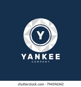 Letter Y Logo Design Template With White Circle Isolated on Blue Background. Vector Illustration
