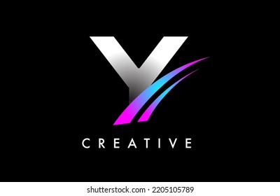 Letter Y Logo Design Vector with Curved Purple Blue Swoosh Lines and Creative Look. Elegant Initial Modern Y Logo Icon Idea Vector Illustration.