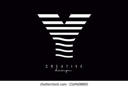 Letter Y logo design with white straight and zig zag lines. Vector illustration with wavy lines.