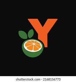Letter Y logo and fresh citrus fruit in modern style. With dark background