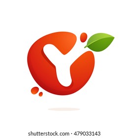 Letter Y logo in fresh juice splash with green leaves. Vector elements for natural application, ecology presentation, business card or cafe posters.