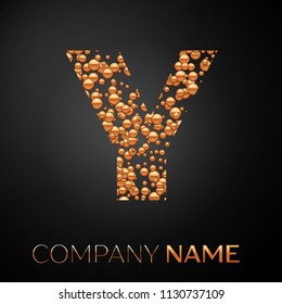 Letter Y logo gold dots. Alphabet logotype with abstract golden bubbles shape on black background. Vector template for your design