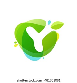 Letter Y logo at green watercolor splash background. Vector elements for posters, t-shirts, ecology presentation or card.