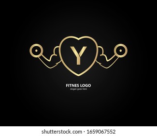 the letter Y logo and the gym logo. the combination of the letter Y and the hand holding barbell design. gold texture. Modern template. unique, simple and luxurious. for cards and graphic design.