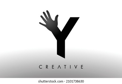 Letter Y Logo with Hand Vector Icon Illustration. Creative Hand Logo Letter in Black and White with hand silhouette.