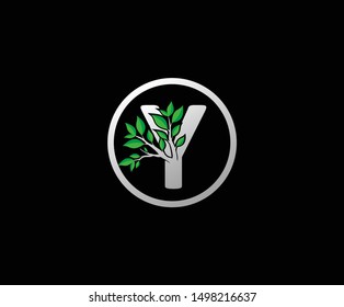  Letter Y Logo Icon With Branch and Green Leaves, eco green concept.