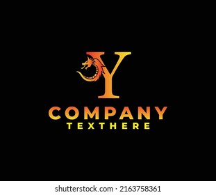 letter Y logo icon with dragon design vector-fire color black background