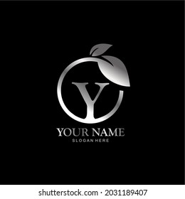 letter Y logo and leaf circle. premium vector letter Y with silver luxury color leaf. letter Y metal model