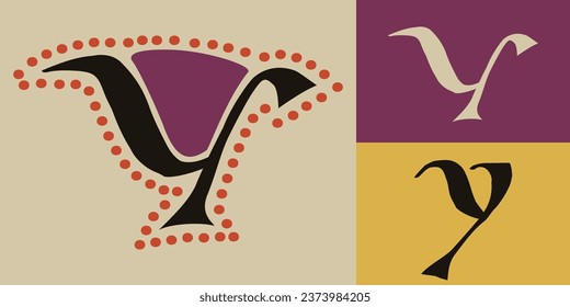 Letter Y logo. Lindisfarne calligraphy in majuscule Celtic, Anglo-Saxon, Irish style with red dots pattern. Dim colored medieval initial. Vintage illuminated dropcap for brewery, heraldic monograms.