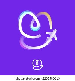 Letter Y logo made of one gradient line with plane icon and rainbow shine. Overlapping multicolor emblem. Ideal for colorful travel app, delivery design, aviation advertising, flight identity.