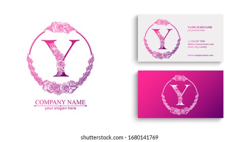 Letter Y Logo Or Monogram. For Your Business. Vector Sign. Floral Style, Beautiful Roses. Personal Logo.