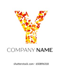 Letter Y logo with orange, yellow, red particles and bubbles dots on white background. Vector template for your design