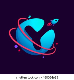 Letter Y logo with planet, rocket and orbits lines. Bright vector design for science, biology, physics, chemistry company.