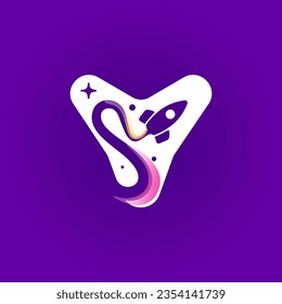 Logo de la letra Y con pista de lanzamiento de cohetes, planetas y estrellas. Icono de estilo de espacio negativo. Tipo de vectores para la identidad científica, aplicación para viajes de planeta, afiches de química, compañía de chorros y publicidad biológica.