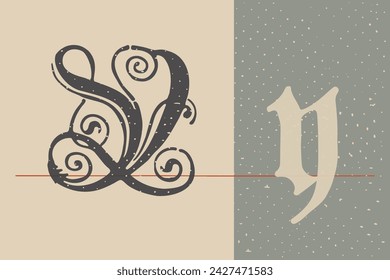 Letter Y logo set. Medieval Polish blackletter calligraphy. 15th century Schwabacher Gothic type. Old German style font for fairy tale, premium newspaper headline, magic testament, heraldry manuscript